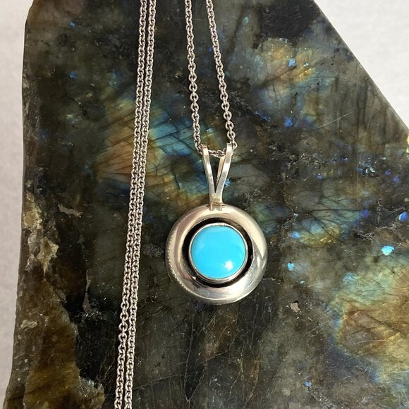 VTG Sterling Silver 925 ML Perry Navajo Southwest Turquoise Pendant Necklace 18" - Picture 7 of 16
